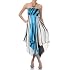 Swirl Design Satin Feel Beaded Halter Smocked Bodice Handkerchief Hem Dress