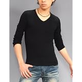 ロングTシャツ メンズ 長袖 Vネック カットソー 無地 ストレッチ きれいめ ブラック【Q559】
