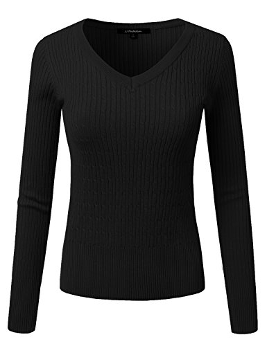 JJ Perfection Women's Long Sleeve V-Neck Cable Knit Classic Sweater