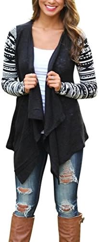 OVERMAL Women's Fashion Geometric Print Drape Front Cable Knit Cardigan (ASIA XL, Black)