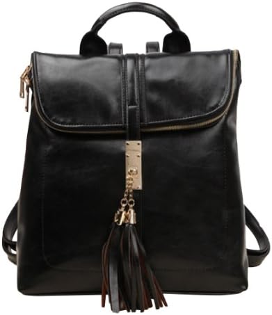 LSSF Women's Fashion Faux Leather School Bag Tassel Shoulder Bag Backpack-Black