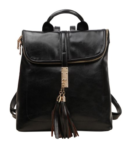 LSSF Women's Fashion Faux Leather School Bag Tassel Shoulder Bag Backpack-Black
