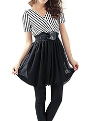 V-neck Vertical Stripe Belted Chiffon/Polyester Elasticized   Waistline Short Sleeves Summer Mini Dress 