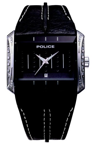 Police Glamour Matrix Unisex black leather and black stone set dial watch