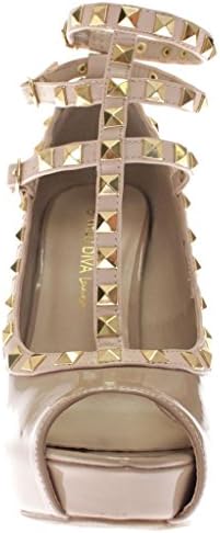 Women's Gladiator D'Orsay Multi Metal Stud Stone Ankle T Strap Pointy Studed Stiletto Heel Pumps Sonny NAT 7.5