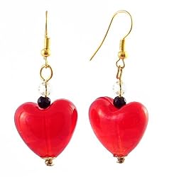 Earrings - E297 - Murano Style Glass - Heart ~ Red