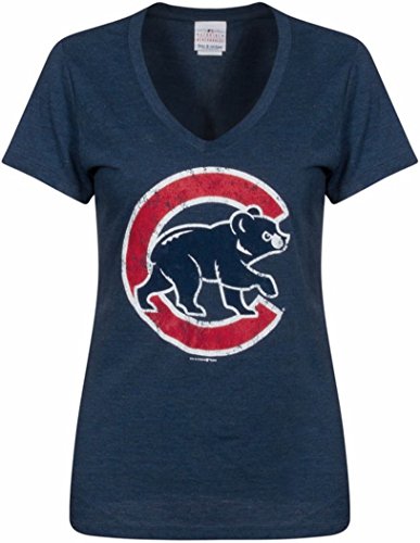 Chicago Cubs Ladies T-Shirt V-Neck Distressed Walking Bear Logo 12757