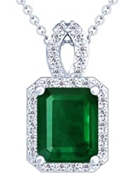 14K White Gold Emerald Cut Emerald And Round Diamond Pendant (GIA Certificate)