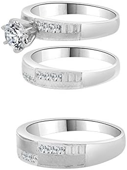 Sterling Silver, Matching Trio 3 Piece His & Her Set Engagement Wedding Rings Created Crystals