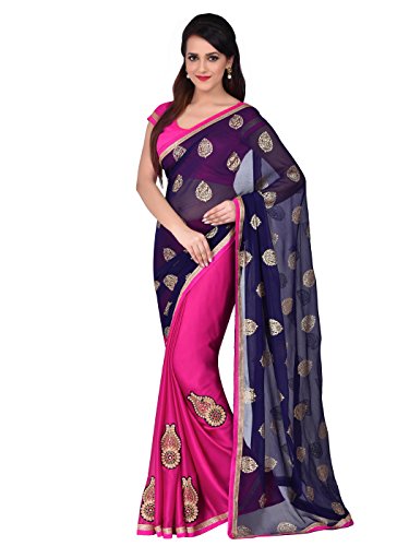 Shonaya Blue Satin Crepe Patch work saree & Unstitched Blouse Piece,Free Size