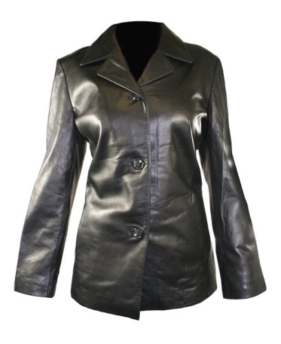 Womens 3 Button Black Leather Lambskin Jacket