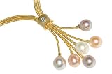 Natural Colored Fresh Water 10.00mm Multi-Colored Drop Pearls, Set on an 18K Yellow Gold Triple-Strand Hand-Woven Lariette Necklace, Enhanced with a Bezel-Set Diamond.