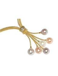 Natural Colored Fresh Water 10.00mm Multi-Colored Drop Pearls, Set on an 18K Yellow Gold Triple-Strand Hand-Woven Lariette Necklace, Enhanced with a Bezel-Set Diamond.