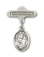 Sterling Silver Baby Badge with Our Lady of Lourdes Charm and Godchild Badge Pin
