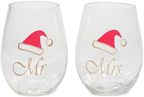 Mr and Mrs Santa Hat Stemless Wine Glass Set