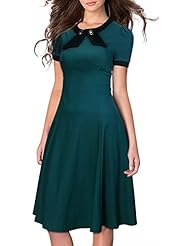 Flared-Skirt Ruched Vintage Spring Cotton/Spandex Cocktail Knee Length Scoop Neck Short Sleeves Party Dress 