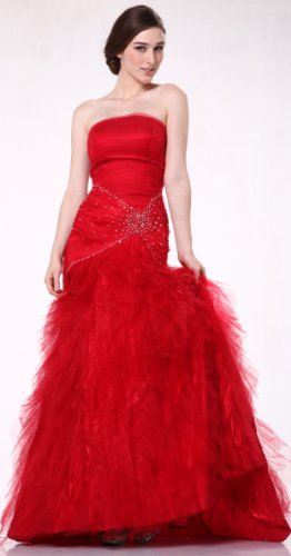 #3182 Red Strapless Mermaid Ruffled Pageant Prom Dress