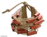 Bamboo and leather bracelet, 'Red Amazon' 2 W 7.1 L
