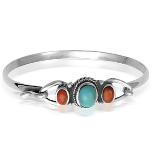 Bling Jewelry Sterling Silver Oval Turquoise and Carnelian Bali Bangle