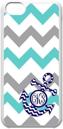 Turquoise Gray Chevron Zigzags Pattern &amp; Navy Anchor Monogram Personalized Custom Best Plastic Hard Case for iPod Touch 6 ,Black or White for Choice