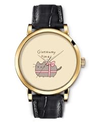 SPRAWL Aanalog Fashion Series Gold Ladies Watches of Genuine Black Leather Strap,Unique Wrist Watch for Women Girls Designed with Cute gray kitten