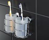 Produkt-Bild: WENKO 2er SET Zahnputzbecher ProfiFIX inkl. Wandhalter - Glas / Edelstahl - MIT & OHNE Bohren m&ouml;glich