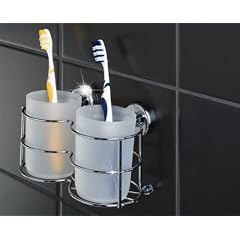 WENKO 2er SET Zahnputzbecher ProfiFIX inkl. Wandhalter - Glas / Edelstahl - MIT & OHNE Bohren m�glich
