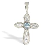 14K White Gold Genuine Heart Aquamarine and Diamond Cross Pendant
