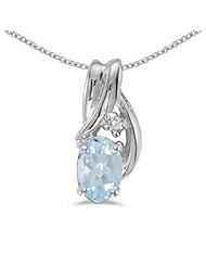 14k White Gold Oval Aquamarine And Diamond Pendant with 18" Chain