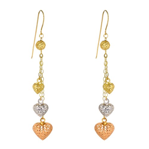 14k Tri-Color Multi-Drop Heart Earrings with Shepherd's Hook