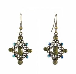 Earrings - E46 - Antique Gold Filigree Diamond Drop ~ Olive