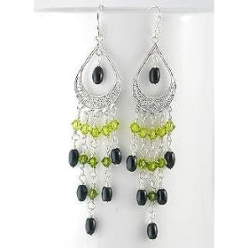 Filigree Chandelier Sterling Silver Hook Earrings Beaded with Genuine Black... by Silver Insanity