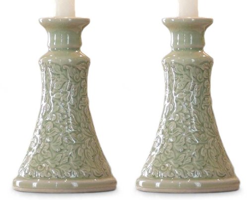 Celadon ceramic candleholders Ivy Columns