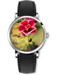 SPRAWL Aanalog Fashion Series Silver Ladies Watches of Genuine Black Leather Strap,Unique Wrist Watch for Women Girls Designed with red Flower