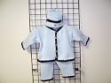 Cpk601bbr, Knitted on Hand Knitting Machine Then Finished By Hand Crochet Infant Boys Outfit, Containing Baby Blue Cotton Crocheted Dark Brown Chenille Trim Cardigan Sweater, Pant Hat Set.