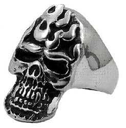 Stainless Steel Biker Ring - Flaming Skull - Size: 9-13