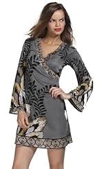 Gathered Wrap Draped Beaded Feathers Silk Bell Sleeves Long Sleeves General Print  Dress