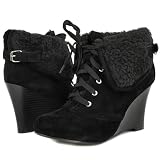 41RNtiY9WFL. SL160  Tanya19 Fur Cuff Wedge Ankle Boots BLACK