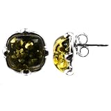 Baltic Green Color Amber Sterling Silver Square Stud Earrings