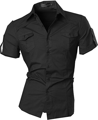 Jeansian Men's Slim Fit Short Sleeves Casual Shirts 8360 Black L