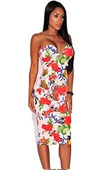 Strapless Polyester/Spandex Floral Print Plunging Neck Midi Dress 
