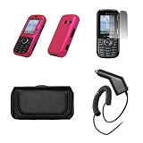 LG Cosmos VN250 Premium Black Leather Carrying Pouch+ Rubberized Hot Pink Hard Snap-on Case Cover+Premuim LCD Screen Protetor+Premium Rapid Car Charger Combo For LG Cosmos VN250