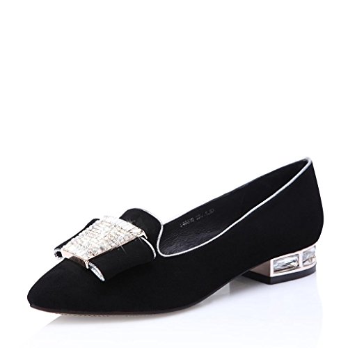 Komanic Rhinestone Party Shoes with Bowtie Leather Chunky Pumps Black Size5.5