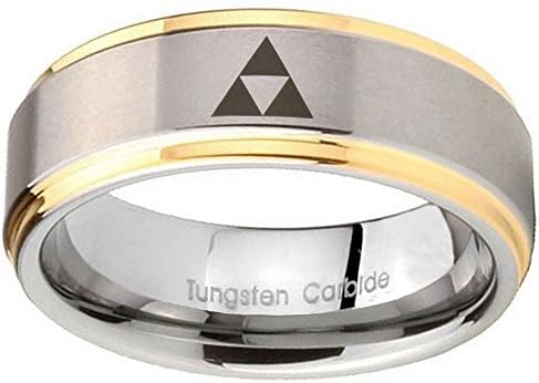 8MM Tungsten Carbide Legend of Zelda Triforce 14K Gold IP Two Tone Engraved Step Edges Ring Size 8