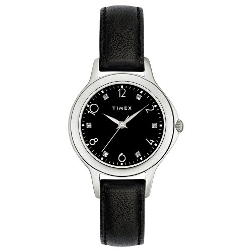 Timex Women's T2M576 Diamond Accented Black Leather Strap Watch