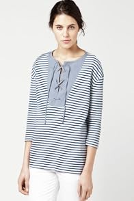 Long Sleeve Mariner Stripe Top With Chambray And Lace Up