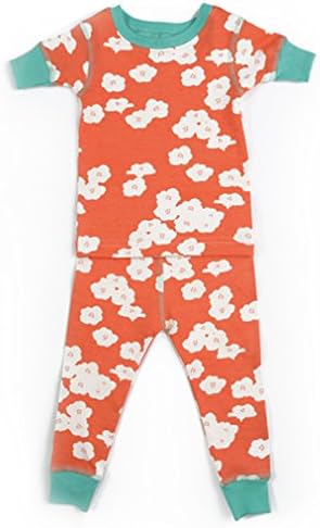 Katebaby Organic Short-Sleeved Two-Piece Pajamas, Blossoms, Orange and Teal, 3T