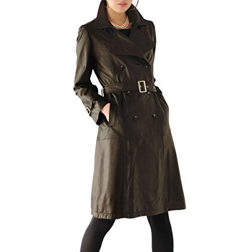 レザー トレンチ コート レディース ベルト付き 山羊革 秋コート ゴートレザー L ダークブラウン 茶色