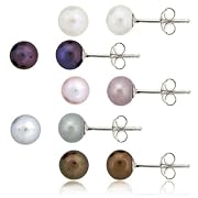 Sterling Silver Genuine Freshwater Cultured Brown, Black ,Pink, White, Gray Button Pearl 5.5-6mm Stud Earring Set