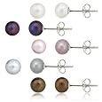 Sterling Silver 5 Pair Multi Color Freshwater Pearl White, Peacock, Pink, Grey, Chocolate Stud Earring Set